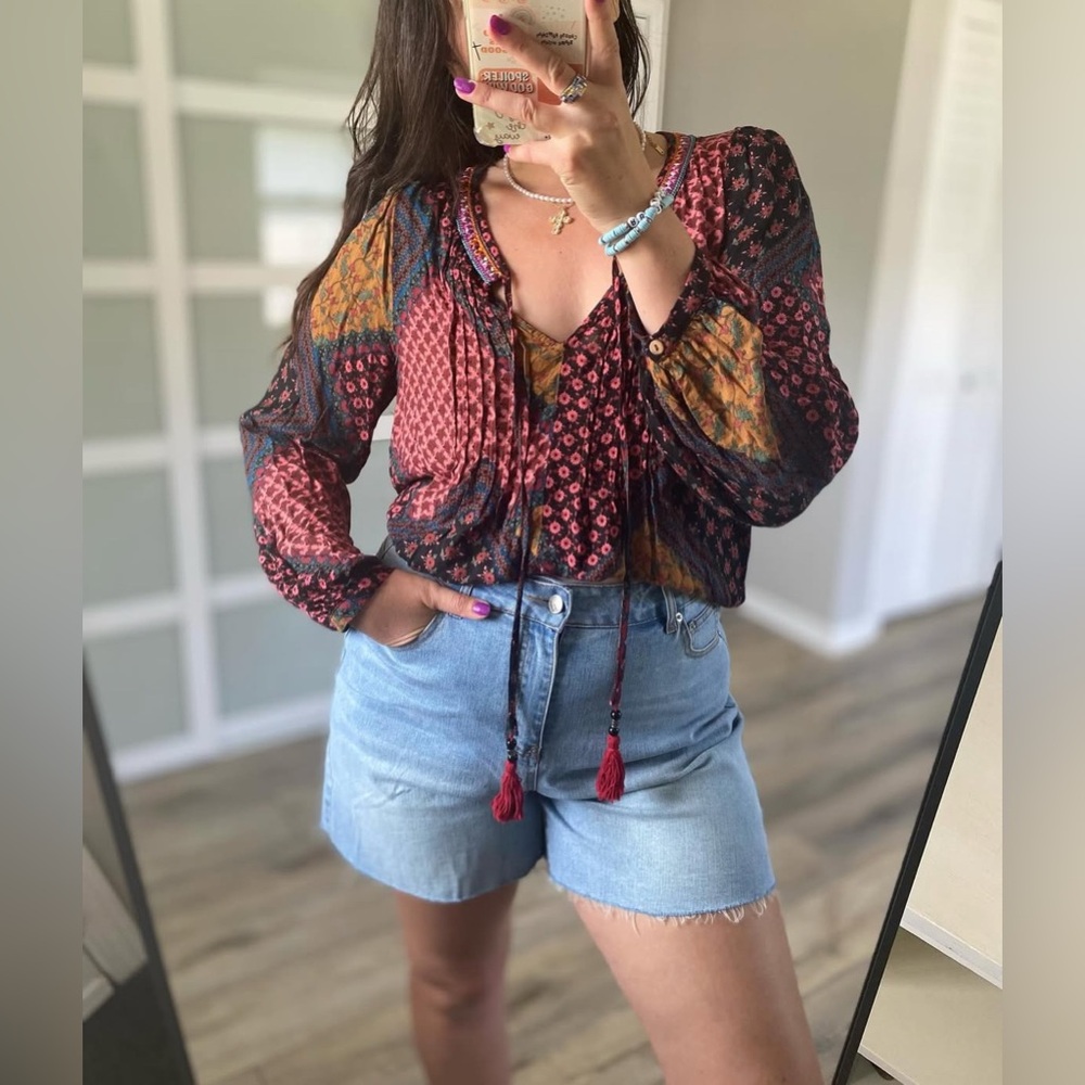 Altar’d State Pink Black Patchwork Print Tassel Boho Hippie Blouse XS‎ X Small